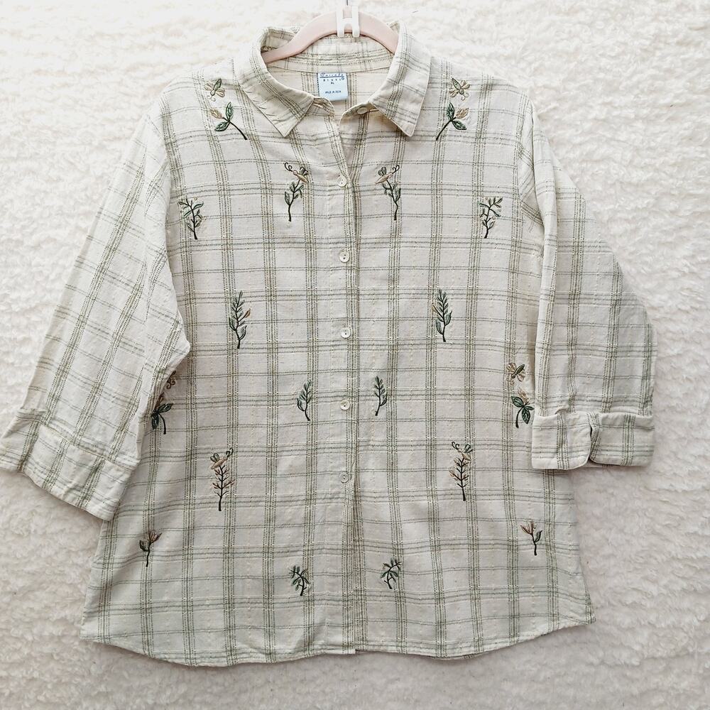 Blouse Button-Up Plaid Embroidered Cottagecore Beads Bees Boho Earthy Size XL